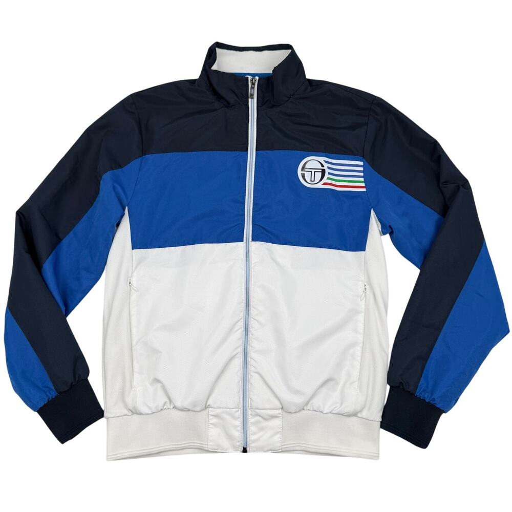 Sergio Tacchini Track Jacket Blue Navy White Colorblock Full Zip Men's M Sporty